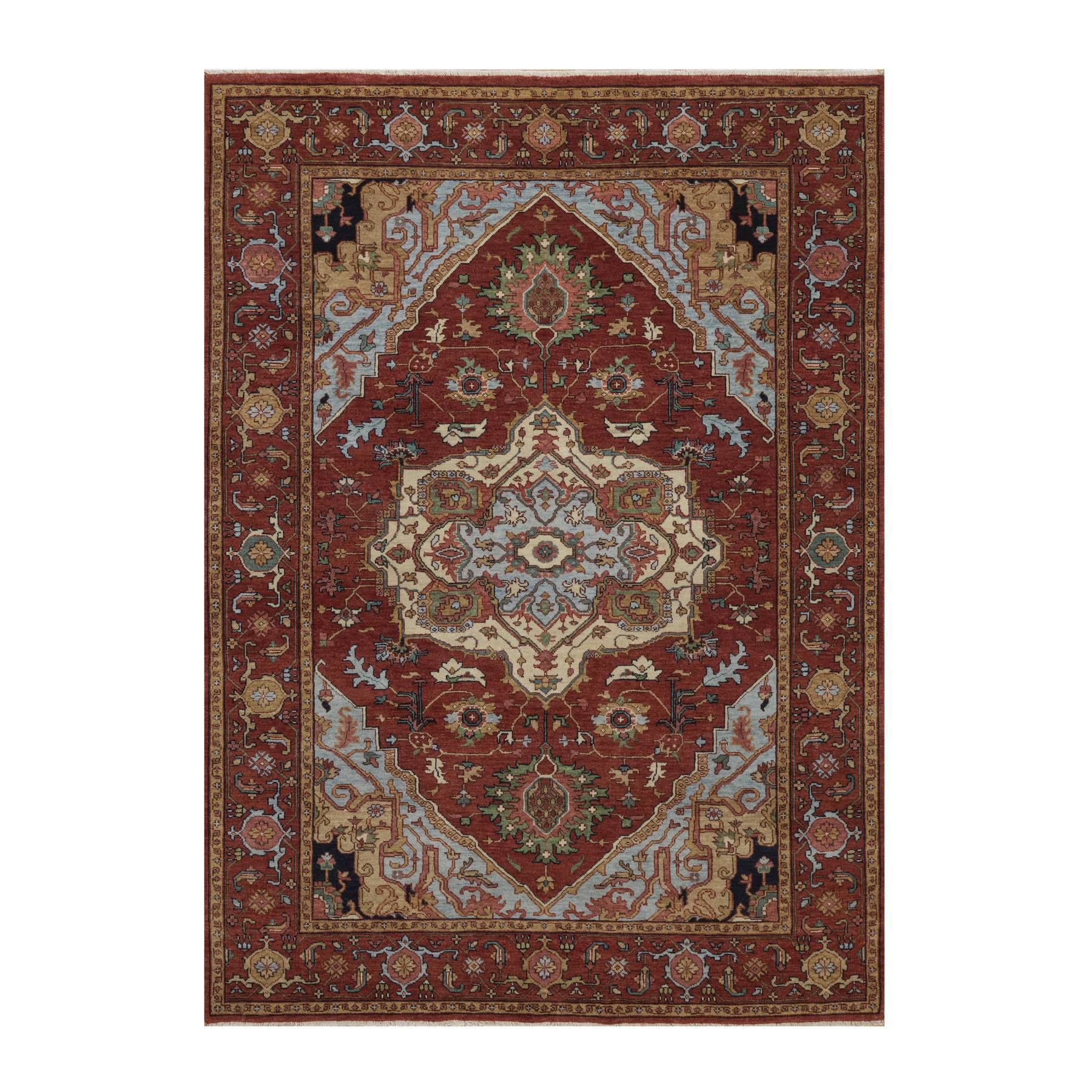 5'1"x7'2" Brick Red, Antiqued Fine Heriz Re-Creation with Medallion Design, Hand Knotted, Hand Spun New Zealand Wool, Denser Weave, Vegetable Dyes, Oriental Rug 